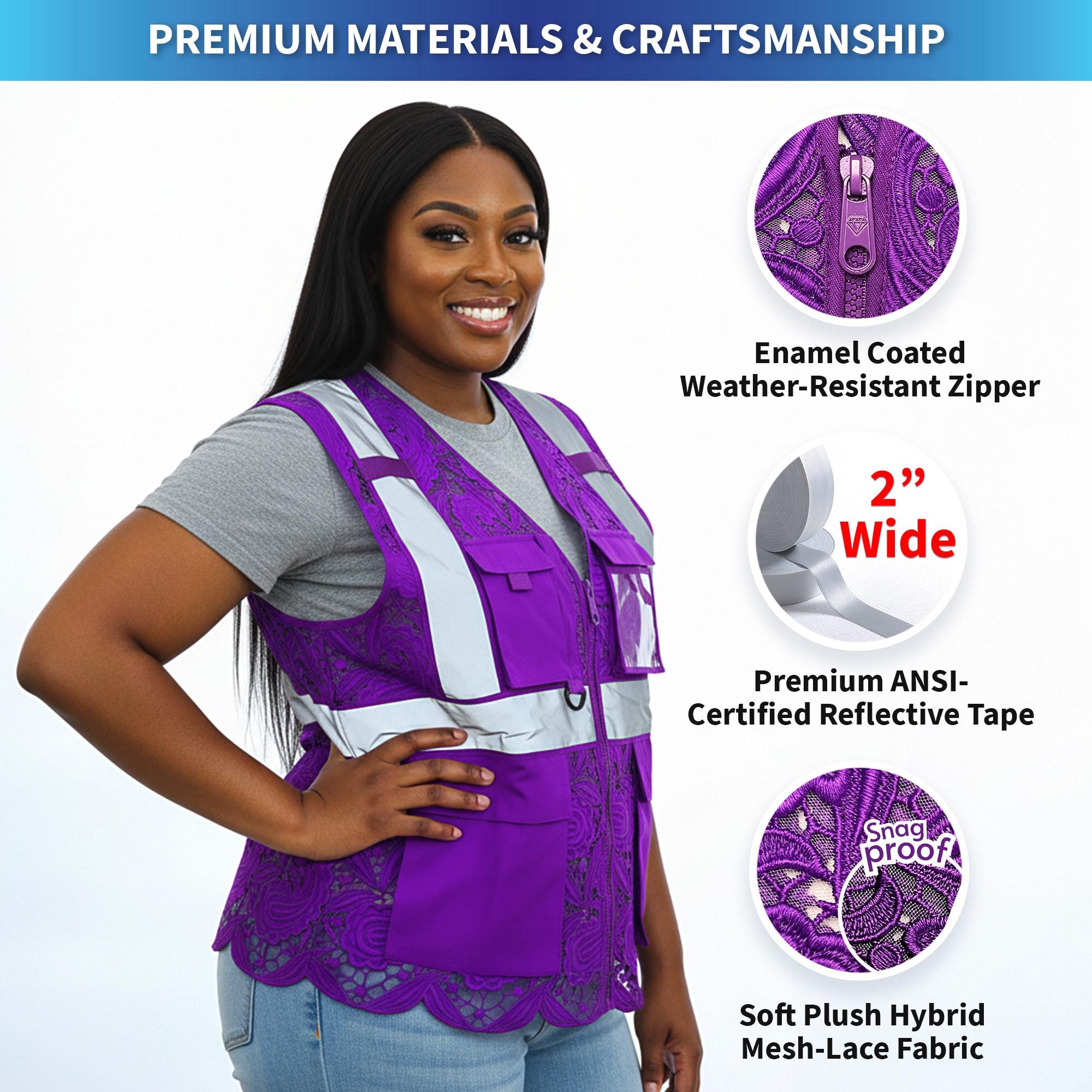 Purple Lace Safety Vest With Pockets: Reflective ANSI Class 2