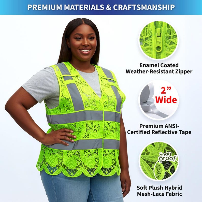 May include: A woman wearing a neon green safety vest with reflective gray stripes and a decorative lace design. The vest features a weather-resistant zipper, 2-inch wide reflective tape, and snag-proof mesh-lace fabric. The image includes the text "PREMIUM MATERIALS & CRAFTSMANSHIP."