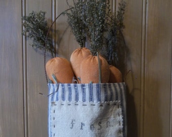 Primitive Easter/Spring/Farmhouse Decoration - Handmade Carrots in Hanging Ticking Sack