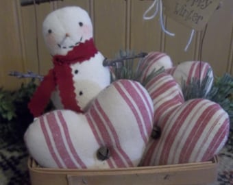 Primitive Handmade Hearts and Snowman in Wood Berry Basket - Christmas/Winter/Farmhouse Decoration