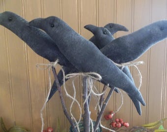 Group of Five Primitive Handmade Crows on Dried Branches - Fall and/or Year Round Decoration