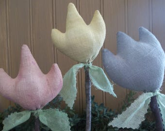 Primitive Handmade Spring Tulips on Branch Stems - Set of Three