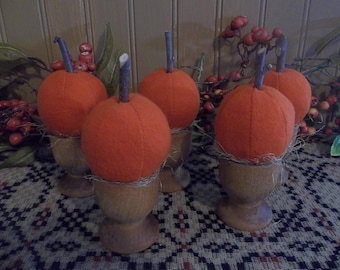 Group of Five Tiny Pumpkins in Vintage Wood Eggcups - Halloween/Fall Decoration