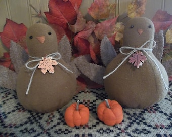 Pair of Primitive Handmade Turkeys and Two Tiny Pumpkins - Harvest/Thanksgiving/Fall