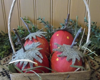 Wood Berry Basket with Hand Painted Strawberry Easter Eggs - Spring/Easter/Farmhouse Decoration