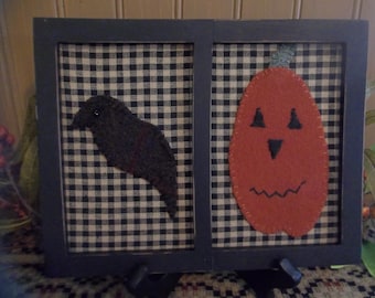Primitive Handmade Jack-O-Lantern and Crow in Painted Wood Frame