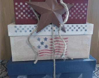 Stack of Three Large Primitive Hand Painted and Stenciled Paper Mache Boxes - Americana/Patriotic/Fourth of July