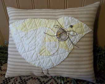 Sweet Primitive Handmade Ticking Pillow with Quilt Chick - Easter/Spring Decoration