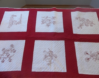 Vintage/Antique Handmade Red and White Embroidered and Hand Quilted Quilt