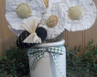 Primitive Handmade Daisies in Small Vintage Crock