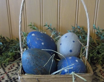 Wood Berry Basket with Hand Painted Paper Mache Eggs - Spring/Easter/Farmhouse Decoration