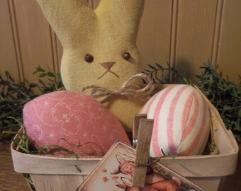 Primitive Handmade Easter/Spring Decoration - Large Bunny "Peep" and Eggs in Wood Berry Basket