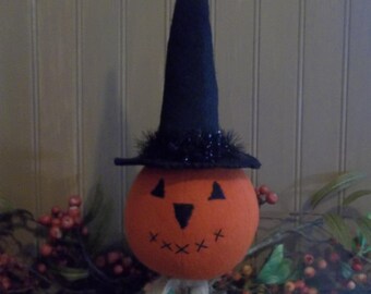 Primitive Handmade Jack-O-Lantern Make-Do on Vintage Glass Candlestick - Halloween/Fall Decoration