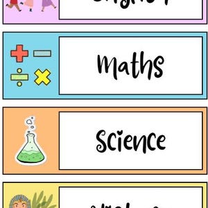 Pode incluir: Cartões coloridos de disciplinas escolares. O cartão "Inglês" apresenta crianças com letras ABC. O cartão "Matemática" tem símbolos matemáticos. O cartão "Ciência" mostra um béquer. O cartão "História" tem um tema egípcio.
