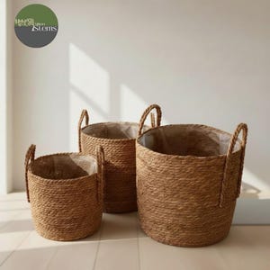 Puede incluir: Tres cestas marrones tejidas de diferentes tamaños con asas de cuerda. Las cestas tienen un aspecto natural y texturizado y están forradas con un material de color claro. Las cestas están dispuestas juntas, lo que sugiere un conjunto para la decoración del hogar o el almacenamiento.