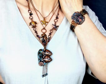 Gepersonaliseerde zeemeermin visketting armband set, geëlektroformeerde koperen sieraden, sirene vertrouwde geest, grillige sculpturale zeesterhanger