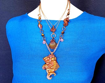 Personalised Mermaid Ship Necklace and Bracelet Set, Electroformed Copper Jewelry, Siren Seahorse, Whimsical Sculptural Seashell Pendant