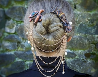 Siren copper electroformed hair jewelry fork. Mermaid side comb set. Whimsical sculptural sea turtle bun holder. Crab pin barrette .
