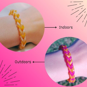 May include: Two colorful bracelets are shown, one indoors and one outdoors. The first bracelet is yellow and white, while the second is pink and yellow. Both bracelets are made of woven rubber bands, showcasing a handmade craft.