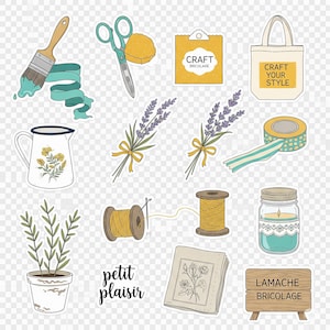Könnte beinhalten: Eine Sammlung von Aufklebern zum Thema Basteln, darunter ein Pinsel mit türkisfarbener Farbe, eine Schere, ein gelber Schwamm, eine Basteltasche, Lavendelsträuße, Washi-Tape, eine Kanne mit Blumendesign, Garnrollen, eine Topfpflanze und Text "Craft Your Style".
