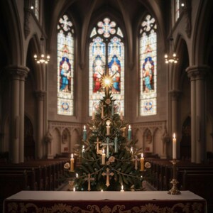 May include: A Christmas tree adorned with candles and cross decorations is positioned on a table within a church. The tree is set against stained glass windows. The church features arched ceilings and rows of pews.