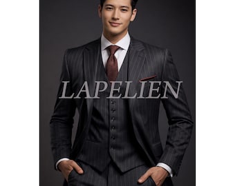 Costume trois pièces à fines rayures anthracite pour homme, costume d'affaires sur mesure.