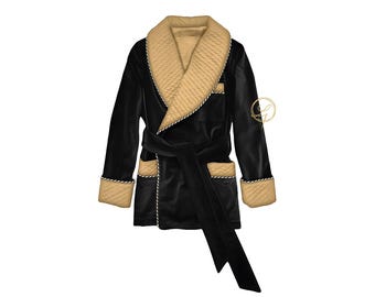Veste de smoking en velours noir pour homme, col châle matelassé doré, robe courte de luxe, veste de dîner, cadeau pour lui.