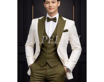 Costume trois pièces blanc et vert olive pour homme, costume de marié sur mesure.
