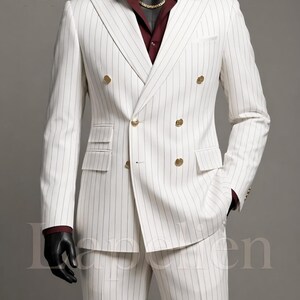 White Pinstripe Double Breasted Suit | Vintage 1920s White Pinstripe Suit for men - 2-Piece Custom Tailored Slim Fit Suit Gift for Him.
