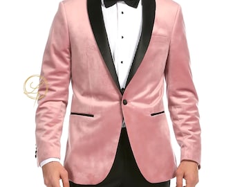 Veste de dîner en velours rose | Smoking à revers châle en satin noir | Tenue de marié, de bal et de gala.