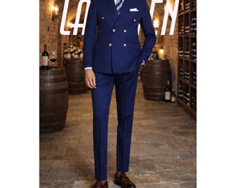 Costume croisé bleu roi pour homme, costume formel classique sur mesure.