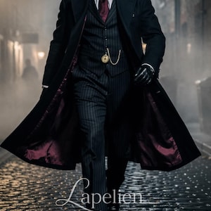 May include: A man's formal attire, featuring a black overcoat with a burgundy lining, a pinstripe suit, and a flat cap. A pocket watch hangs from the vest. The image has the text "Lapelien".
