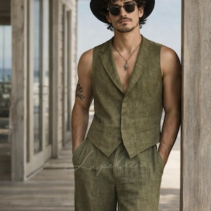 May include: Olive green linen vest and matching pants. The vest has a classic design with buttons. The model is wearing a black hat and sunglasses. The brand name "Lapelien" is visible at the top of the image.