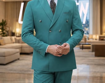 Costume croisé bleu sarcelle pour homme, costume formel moderne sur mesure.
