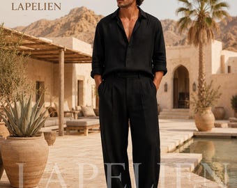 Ensemble de villégiature en lin noir pour homme | Ensemble coordonné en lin pour les vacances | Tenue d'été côtière pour homme | Vêtements de villégiature de luxe | Ensemble en lin Old Money