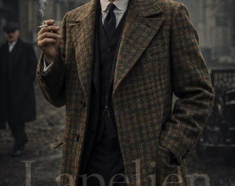 Men's Tweed Overcoat Vintage Style | Herringbone Wool Long Coat | Peaky Blinders Inspired Winter Coat for Men - 70s vintage Over Coat