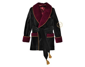 Veste de smoking en velours pour homme, col châle matelassé noir et bordeaux, robe de soirée sur mesure avec accents de pompons | Vêtements de détente de luxe.