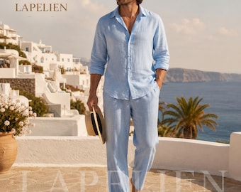 Ensemble de villégiature en lin bleu ciel pour homme | Ensemble coordonné en lin pour les vacances | Tenue d'été côtière pour homme | Vêtements de villégiature de luxe | Ensemble en lin Old Money