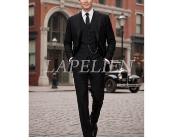 Costume trois pièces noir classique pour homme, costume de mariage formel sur mesure.