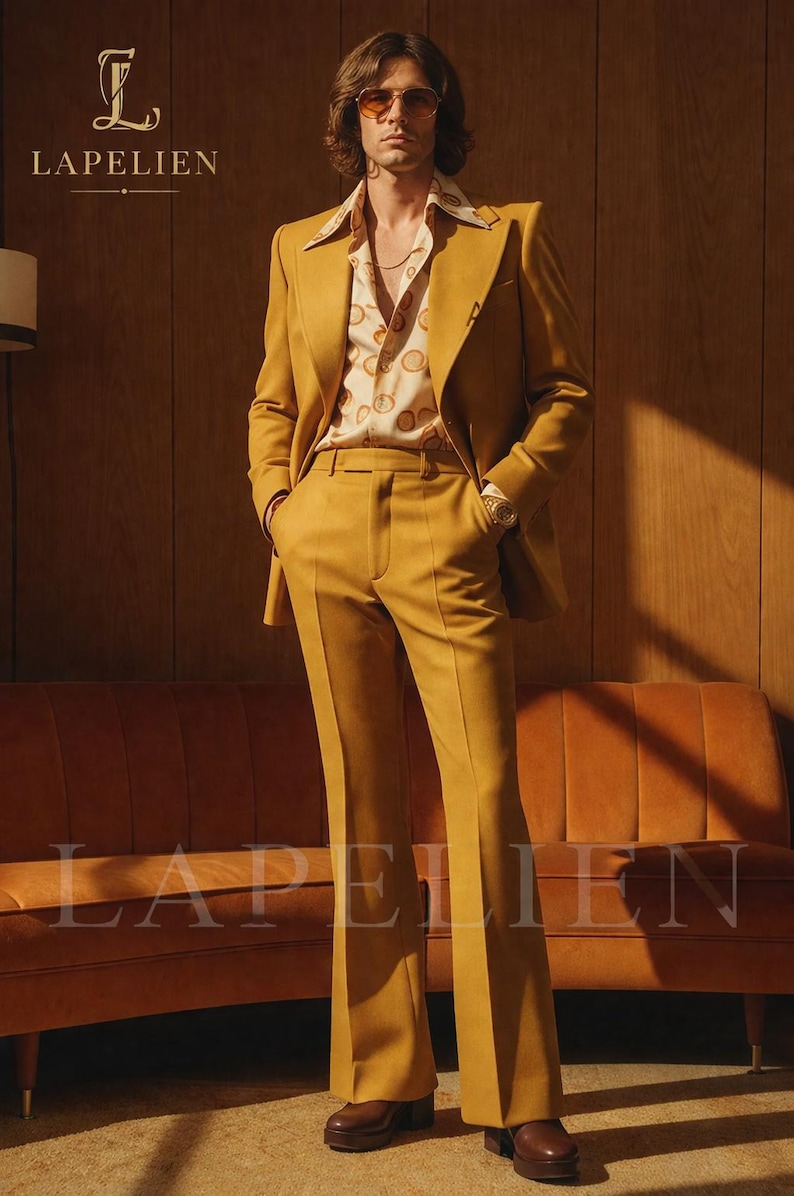 May include: Mustard yellow suit with a matching jacket and flared pants. The suit is paired with a patterned button-down shirt. The image features a retro aesthetic, with a brown sofa and wooden paneling in the background.