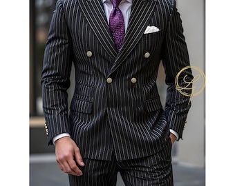 Costume croisé à rayures noires pour homme, costume personnalisé 2 pièces-3 pièces fait main.