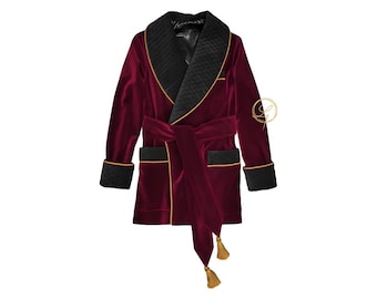 Veste de smoking en velours bordeaux pour homme, robe de chambre de luxe faite à la main.