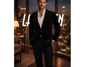 Costume smoking en velours noir pour homme.