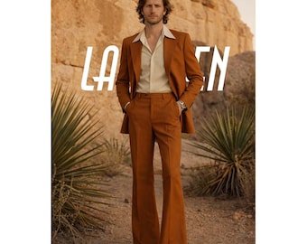 Costume rétro années 70, couleur cuivre brûlé, jambes larges, pour homme.