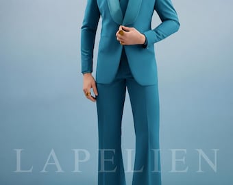 Teal Blue Men’s Vintage Suit | 70s Flared Suit for Men | Satin Shawl Lapel Tuxedo | Custom Tailored Retro Suit | 70s Designer Statement Suit