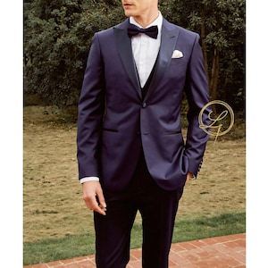 Midnight Blue Tuxedo for Men Custom Navy Wedding Tuxedo with Black Lapel Handmade Formal Suit Groom Reception Tux Black Tie Suit.