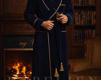 Peignoir bleu marine pour homme | Peignoir style smoking | Peignoir en velours bleu marine pour homme | Vêtement d'intérieur pour homme | Peignoir haut de gamme