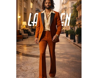 Costume homme orange brûlé avec revers pointus noirs.