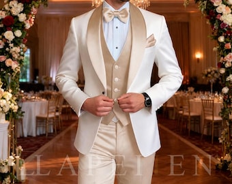 Costume de mariage 3 pièces blanc champagne pour homme | Costume de marié 3 pièces | Costume de luxe à revers châle | Costume ivoire formel pour homme | Costume de mariage élégant