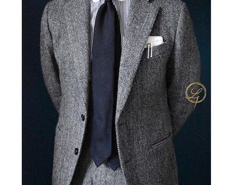 Light Gray Herringbone 3-Piece Wool Suit for Men Classic Tweed Suit Handmade Tailored Gentleman Suit Elegant Winter Formal Outfit.